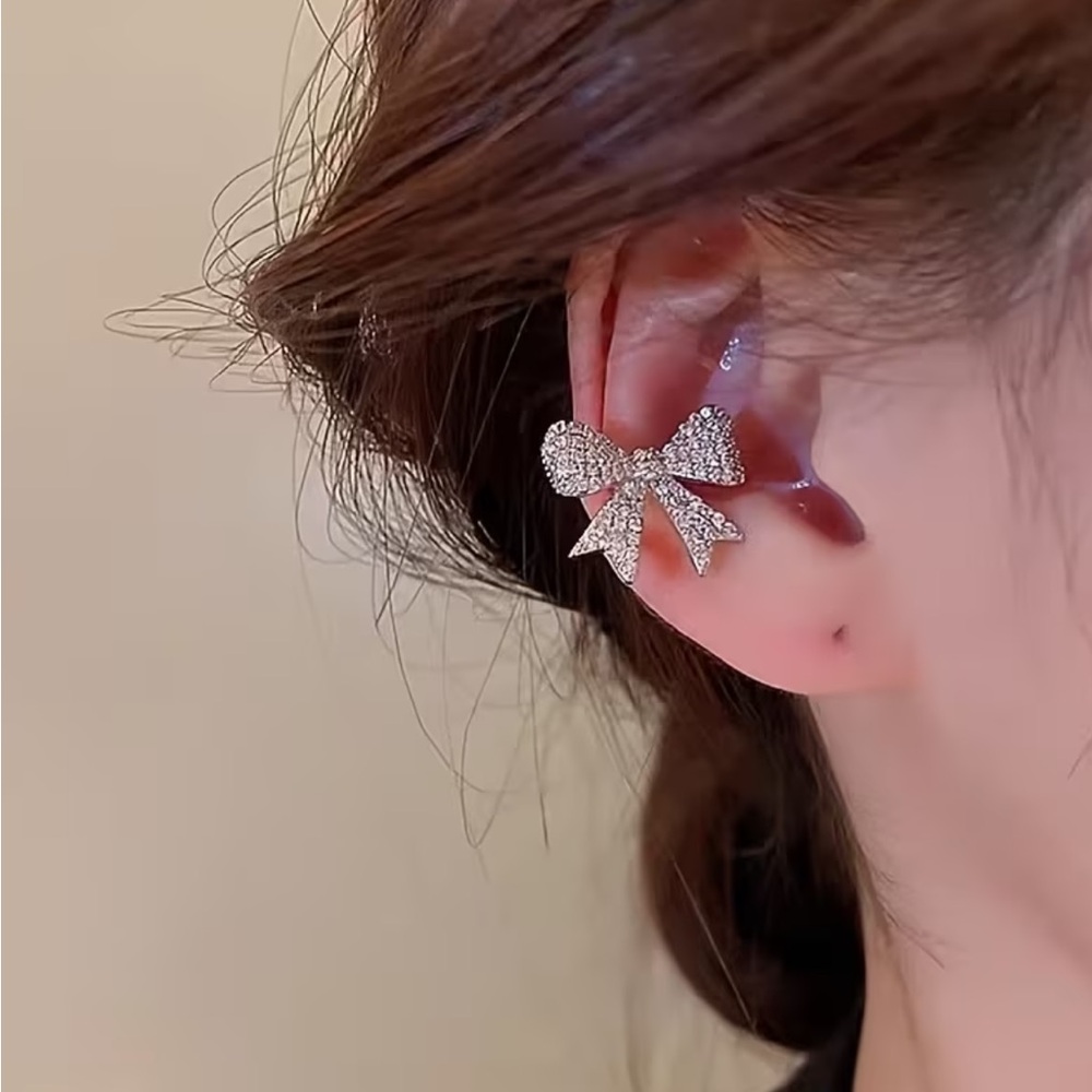 Silver Rhinestone Bow Ear Cuffs - Picture 2 of 2